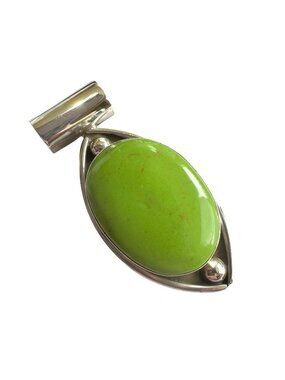 Sterling Silver Lime Green Turquoise Pendant 925 Mexico Oval Modern Design